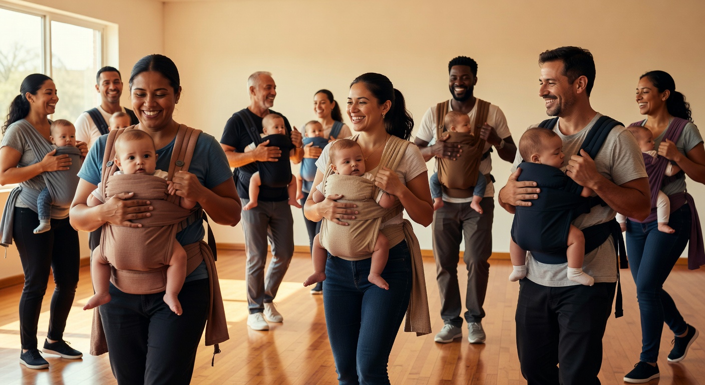 Parents gently dancing to Latin rhythms while safely carrying babies in carriers in a warm studio in Hackney Wick, London